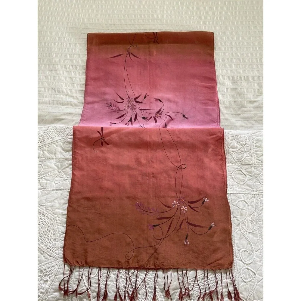 100% Silk Hand‎ Painted Rectangular Scarf Dragonfly Design 16